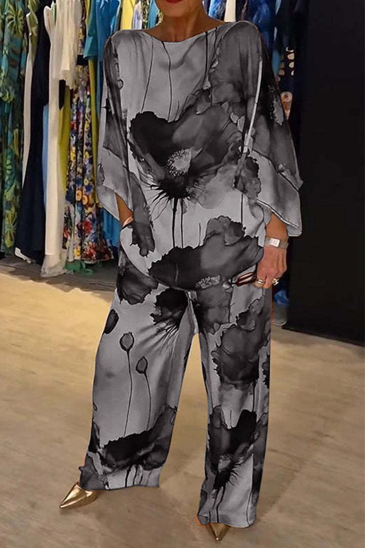Unique Elegant Satin Loose Fit Printed Batwing Sleeve Set