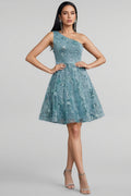 Flinl Green One-Shoulder Mesh Mini Dress
