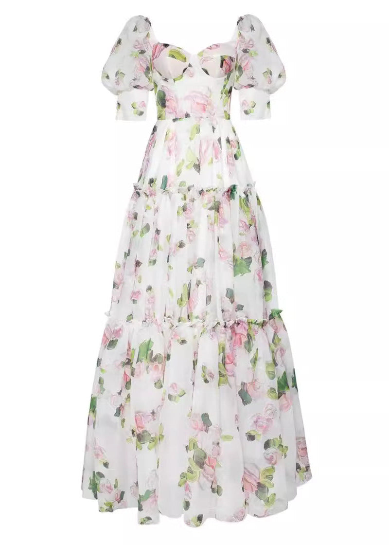 Off Shoulder Puff Sleeve Tiered Floral Organza Maxi Dress