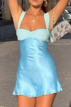 Splicing sleeveless sexy mini women's long robe satin strapless backless lace up high waisted A-line party dress