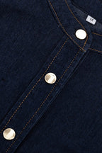 Mandarin Collar Button Front Puff Sleeve Cinched Waist Denim Mini Dress