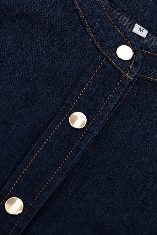 Mandarin Collar Button Front Puff Sleeve Cinched Waist Denim Mini Dress