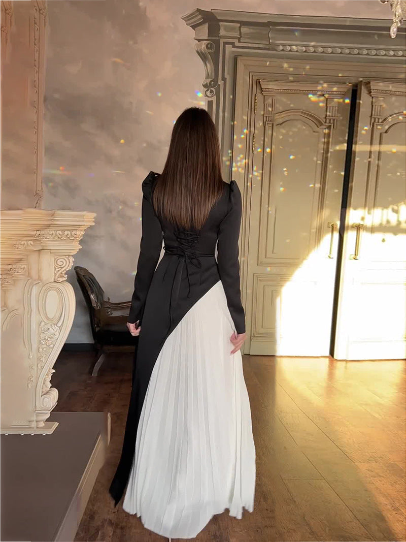 High Neck Long Sleeve Color Block Diagonal Pleated Maxi Dress