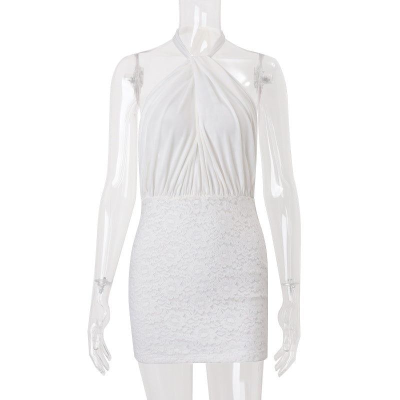 Halter Neck Backless Draped Crop Top Boucle Mini Skirt Two Piece Set
