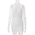 Halter Neck Backless Draped Crop Top Boucle Mini Skirt Two Piece Set