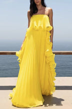 Reina Chiffon Pleated Wavy Ruffles Trim Strapless Loose Maxi Dress
