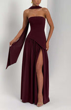 Elegant Off Shopulder Chiffon Pleated Hem Scarf Slit Maxi Dress