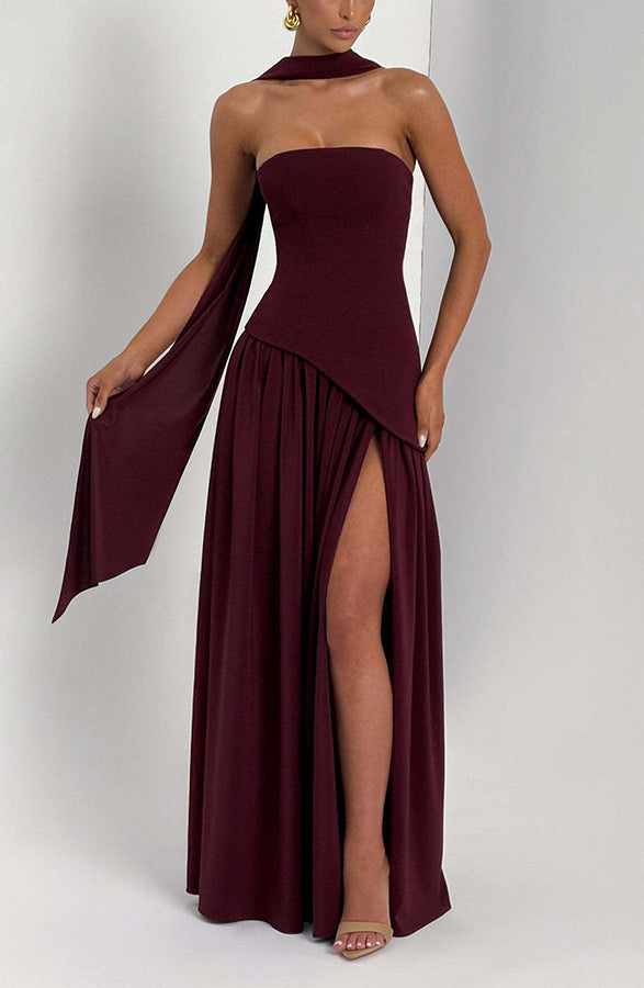 Elegant Off Shopulder Chiffon Pleated Hem Scarf Slit Maxi Dress