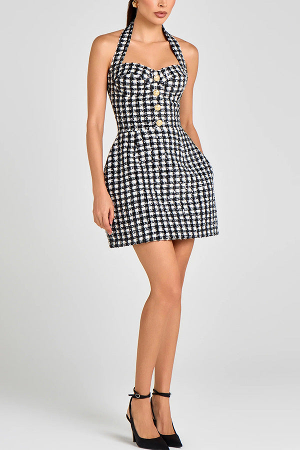 Mila Check Bouclé-tweed Fabric Halter Sweetheart Neck Gold Button Pocketed Mini Dress