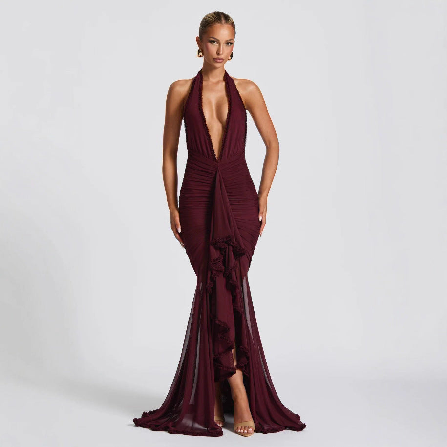 Halter Neck Plunging Ruched High-Low Mermaid Maxi Dress