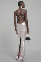 Soraya Silver Sequin 3D Floral Maxi Dress