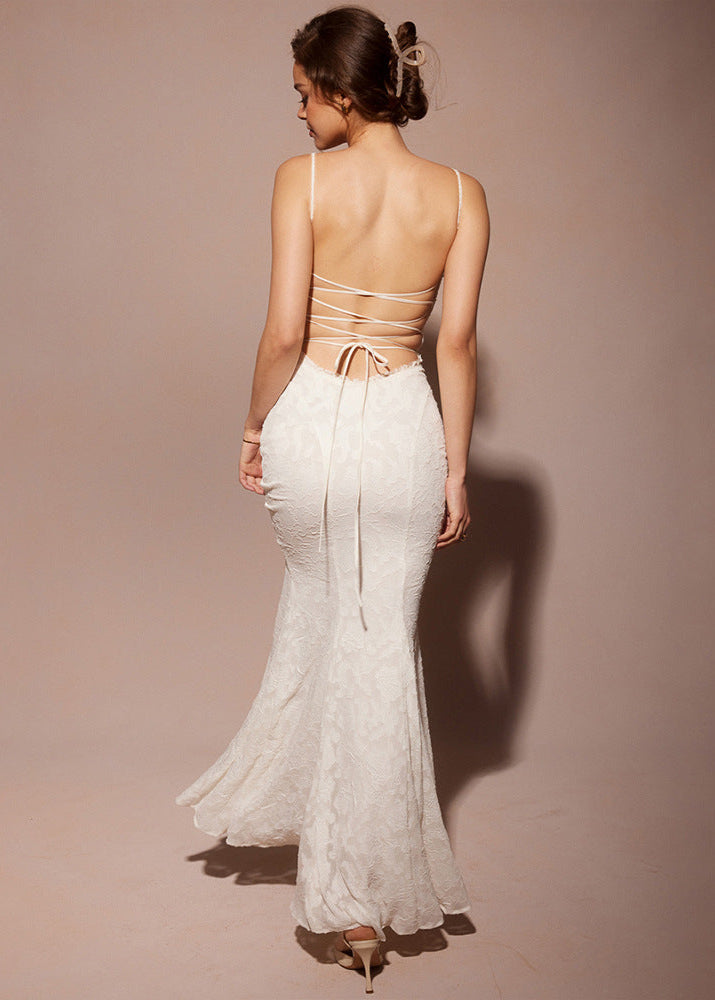 Spaghetti Strap Lace Overlay Mermaid Maxi Dress