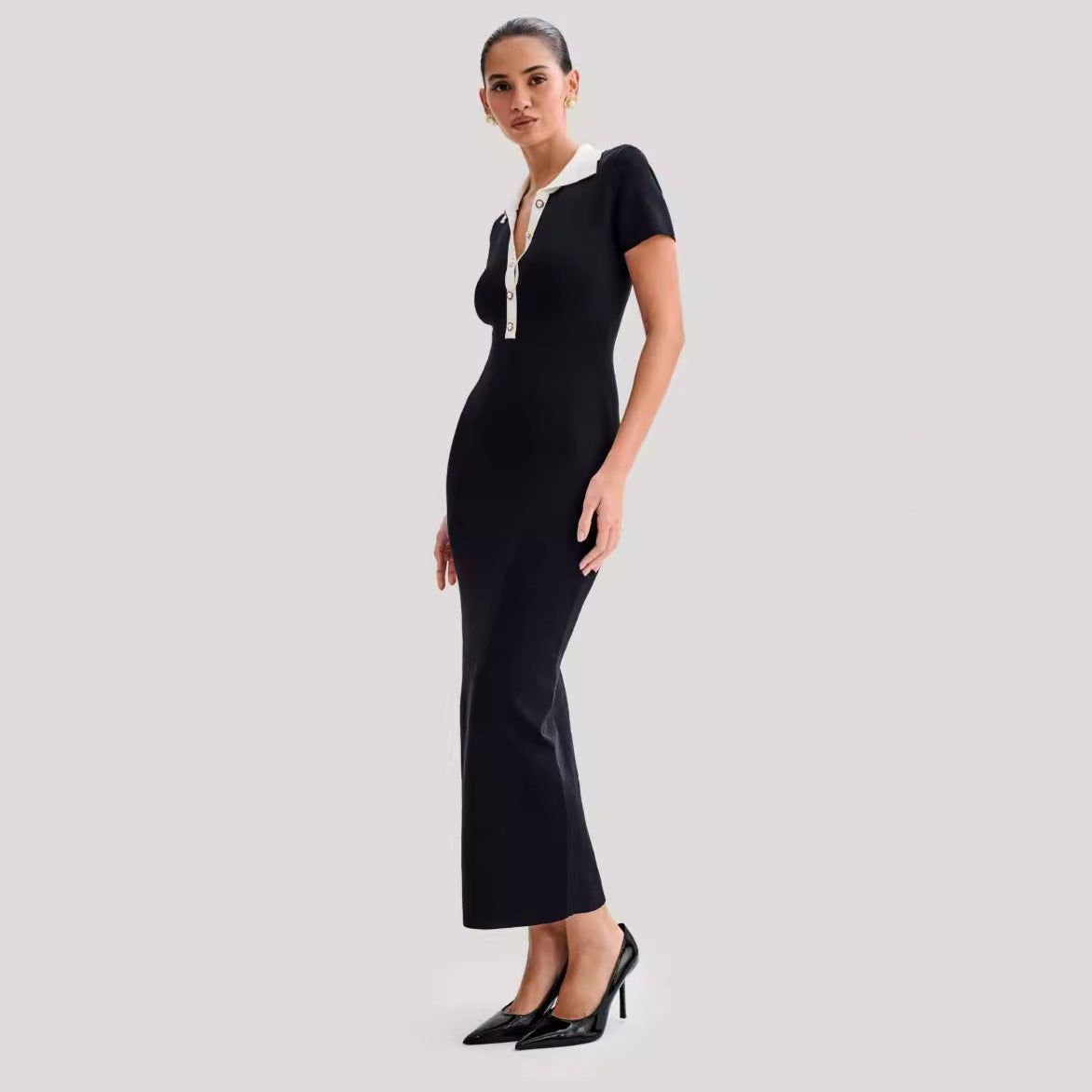 Short Sleeve Polo Collar Contrast Waist Cut Out Bodycon Maxi Dress