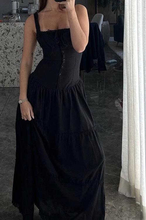 Smocked Square Neck Ruffle Strap Tiered Button Front Maxi Dress