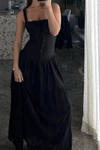 Smocked Square Neck Ruffle Strap Tiered Button Front Maxi Dress