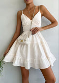 Spaghetti Strap Deep V-Neck Ruched Tiered Ruffle Hem Linen Mini Dress