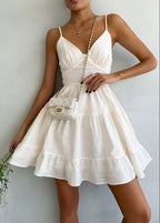 Spaghetti Strap Deep V-Neck Ruched Tiered Ruffle Hem Linen Mini Dress