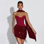 Sequin Ruched Corset Top Asymmetric Mini Skirt Two Piece Set