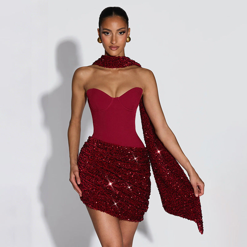 Sequin Ruched Corset Top Asymmetric Mini Skirt Two Piece Set