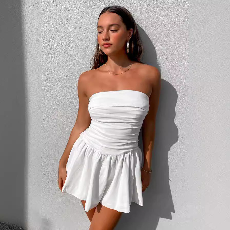 Strapless Ruched Drop Waist Pleated Flare Mini Dress