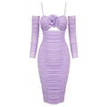 Purple Long Sleeve Dress Slim One Neck Sleeve Floral Tulle Dress