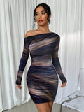 Stitch sheer mesh see through abstract off shoulder mini dress
