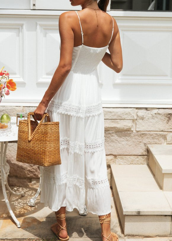 Spaghetti Strap Sweetheart Tie Front Lace Inset Tiered Trim Maxi Dress