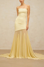 Solid Color Sleeveless Off-shoulder Mesh-paneled Fitted Maxi Dress