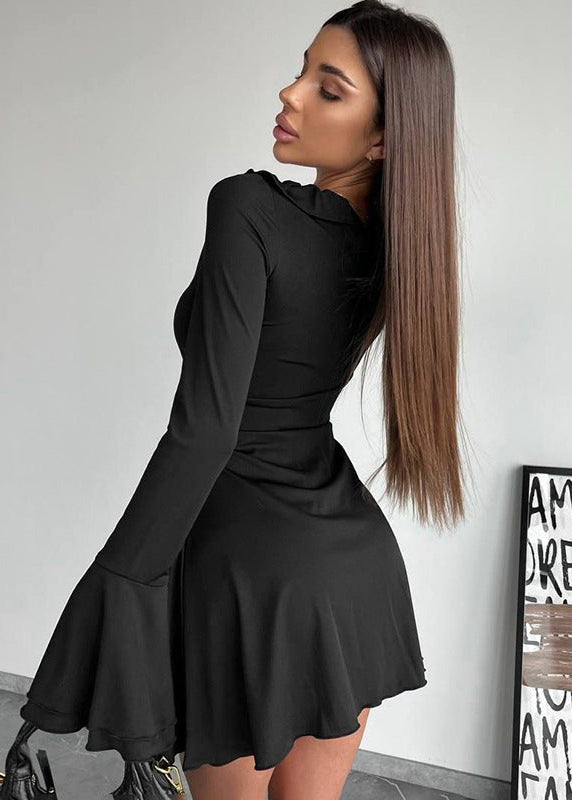 Off Shoulder Ruffle Trim Bell Sleeve Fit and Flare Mini Dress