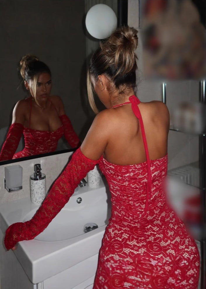 Lace Halter Sweetheart Underwire Cup Detached Sleeve Mini Dress