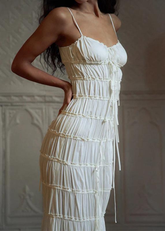 Spaghetti Strap Ruffle Trim Tiered Bow Front Maxi Dress