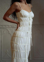 Spaghetti Strap Ruffle Trim Tiered Bow Front Maxi Dress