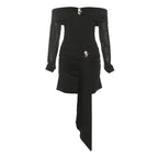 Off Shoulder Mesh Sleeve Ruched Metal Brooch Sash Mini Dress