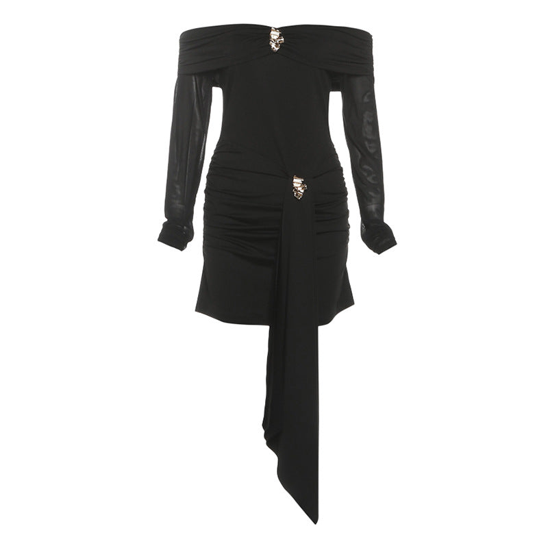 Off Shoulder Mesh Sleeve Ruched Metal Brooch Sash Mini Dress