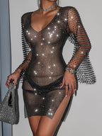 Deep V-Neck Rhinestone Mesh Sheer Bell Sleeve Mini Dress