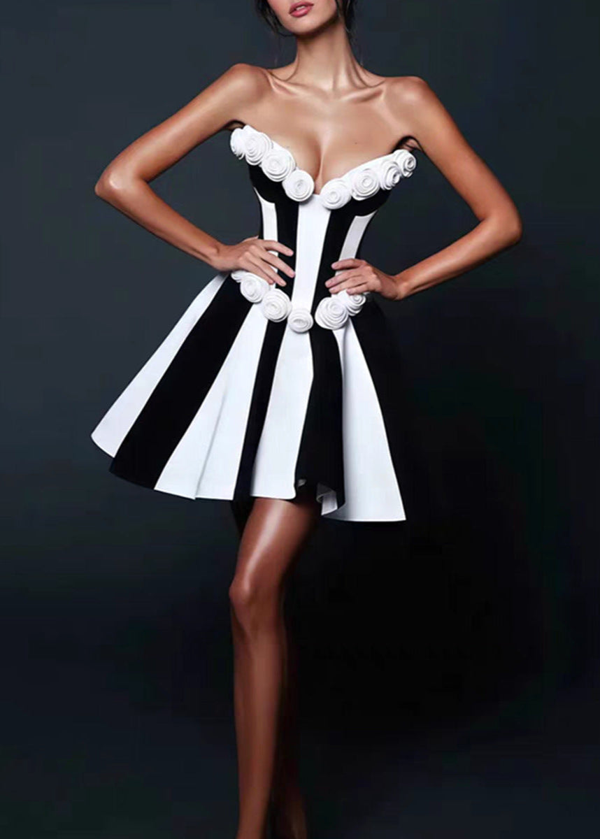 Strapless Sweetheart Vertical Stripe 3D Rosette Fit and Flare Mini Dress