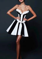 Strapless Sweetheart Vertical Stripe 3D Rosette Fit and Flare Mini Dress