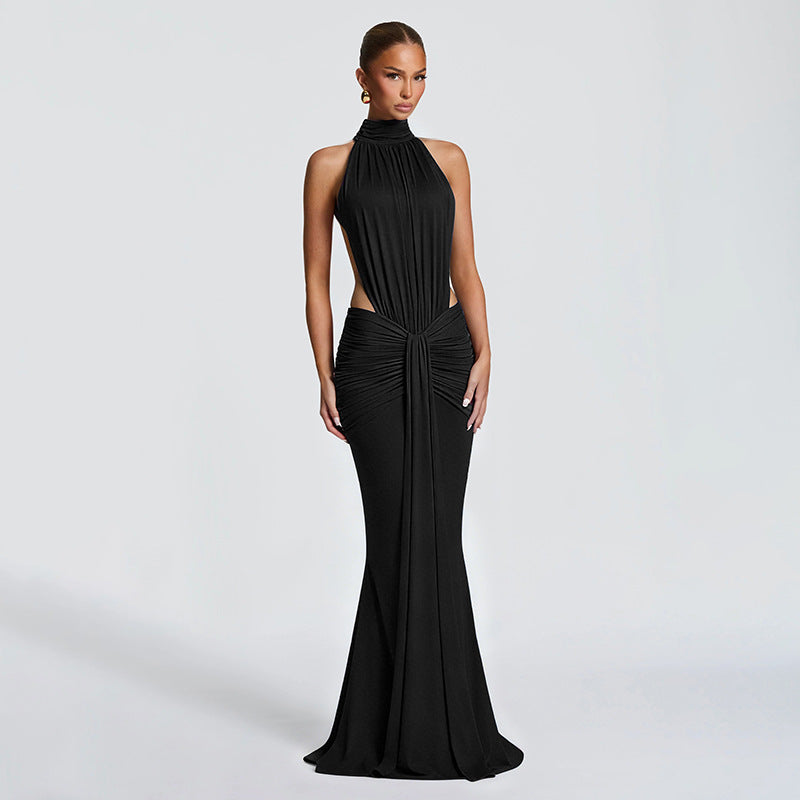 Halter Mock Neck Side Cut Out Ruched Mermaid Maxi Gown