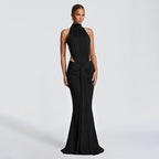 Halter Mock Neck Side Cut Out Ruched Mermaid Maxi Gown