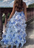 Spaghetti Strap Deep V-Neck Ruched Tiered Ruffle Floral Maxi Dress