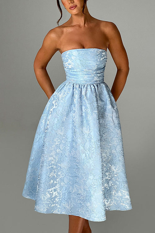 Jacquard Fabric Strapless Open Back Elegant Slim Midi Dress