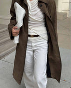 Brown Suede Long Sleeve Long Coat