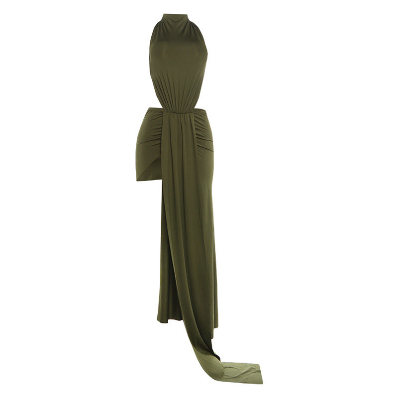 Halter Neck Side Cut Out Knot Drape Asymmetrical High Split Maxi Dress