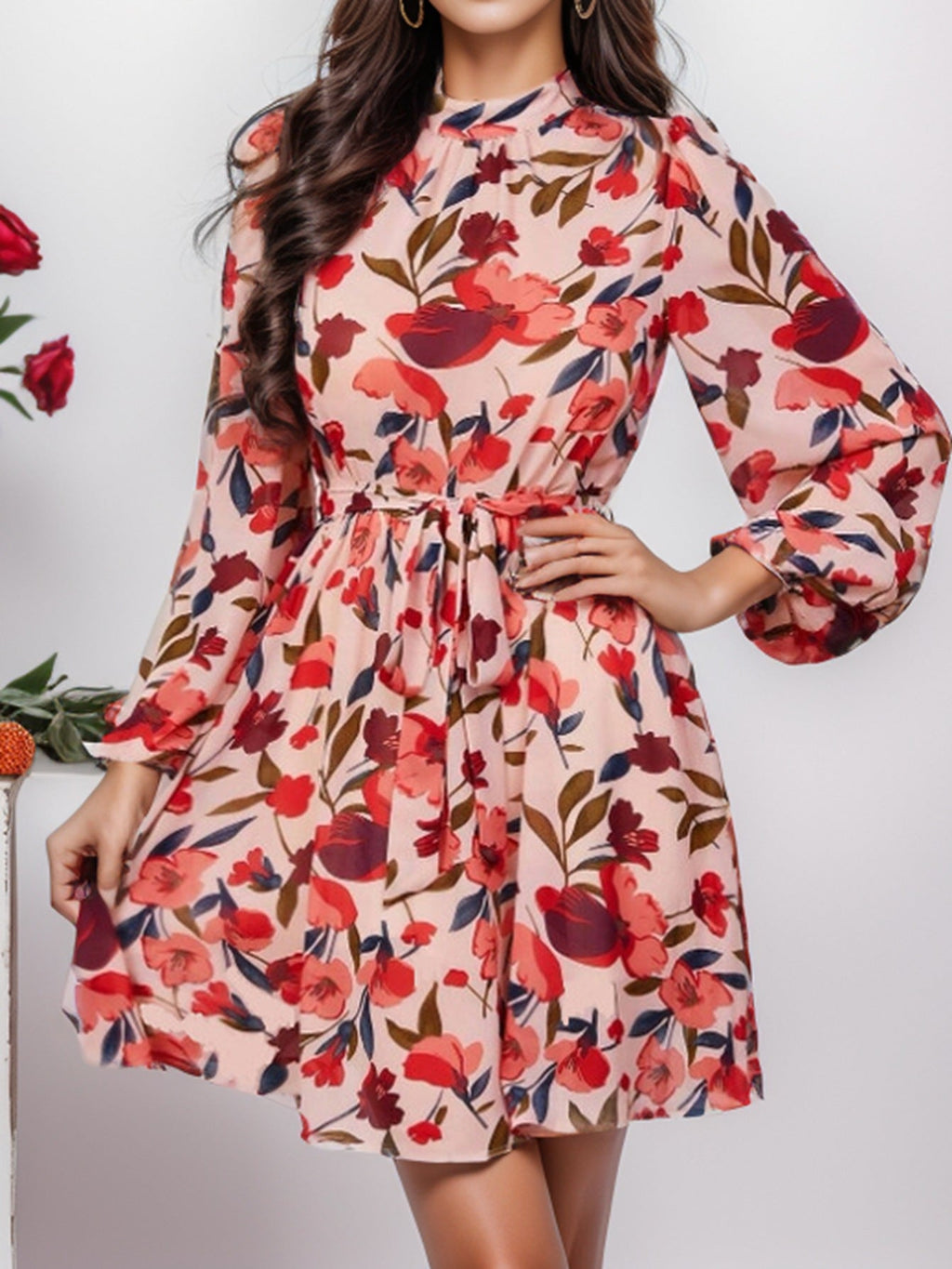 Nerea Timeless Women's Floral Print Dress with Waist Belt and Long Sleeves Evening Wear Edit