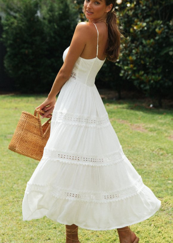 Spaghetti Strap Sweetheart Tie Front Lace Inset Tiered Trim Maxi Dress