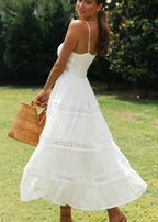 Spaghetti Strap Sweetheart Tie Front Lace Inset Tiered Trim Maxi Dress