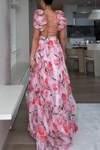 Whimsy Grace Tulle Floral Ruffle Detail Back Lace-up Pleated Maxi Dress