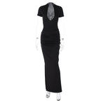 Mock Neck Deep V Neck Cap Sleeve Ruched Bodycon Maxi Dress