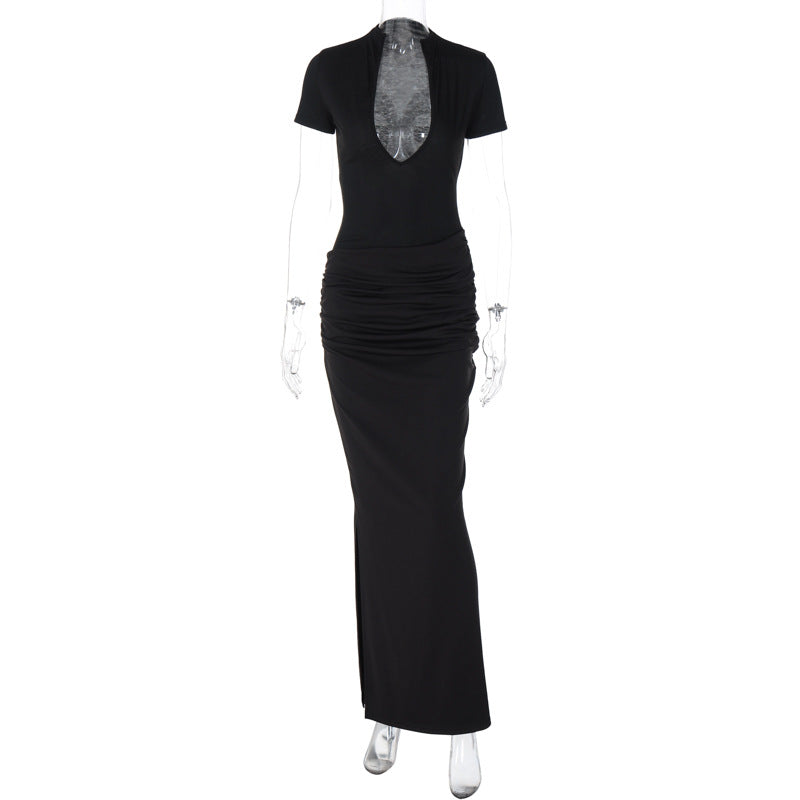 Mock Neck Deep V Neck Cap Sleeve Ruched Bodycon Maxi Dress