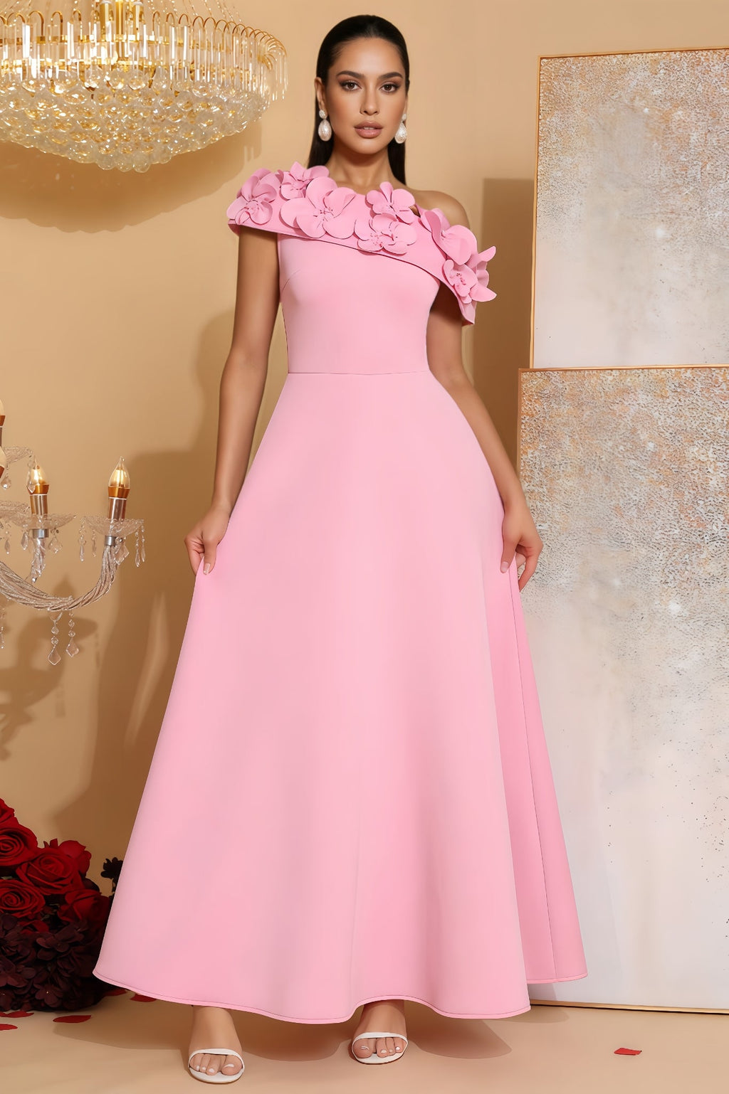 Yvonne Pink 3D Floral Maxi Dress